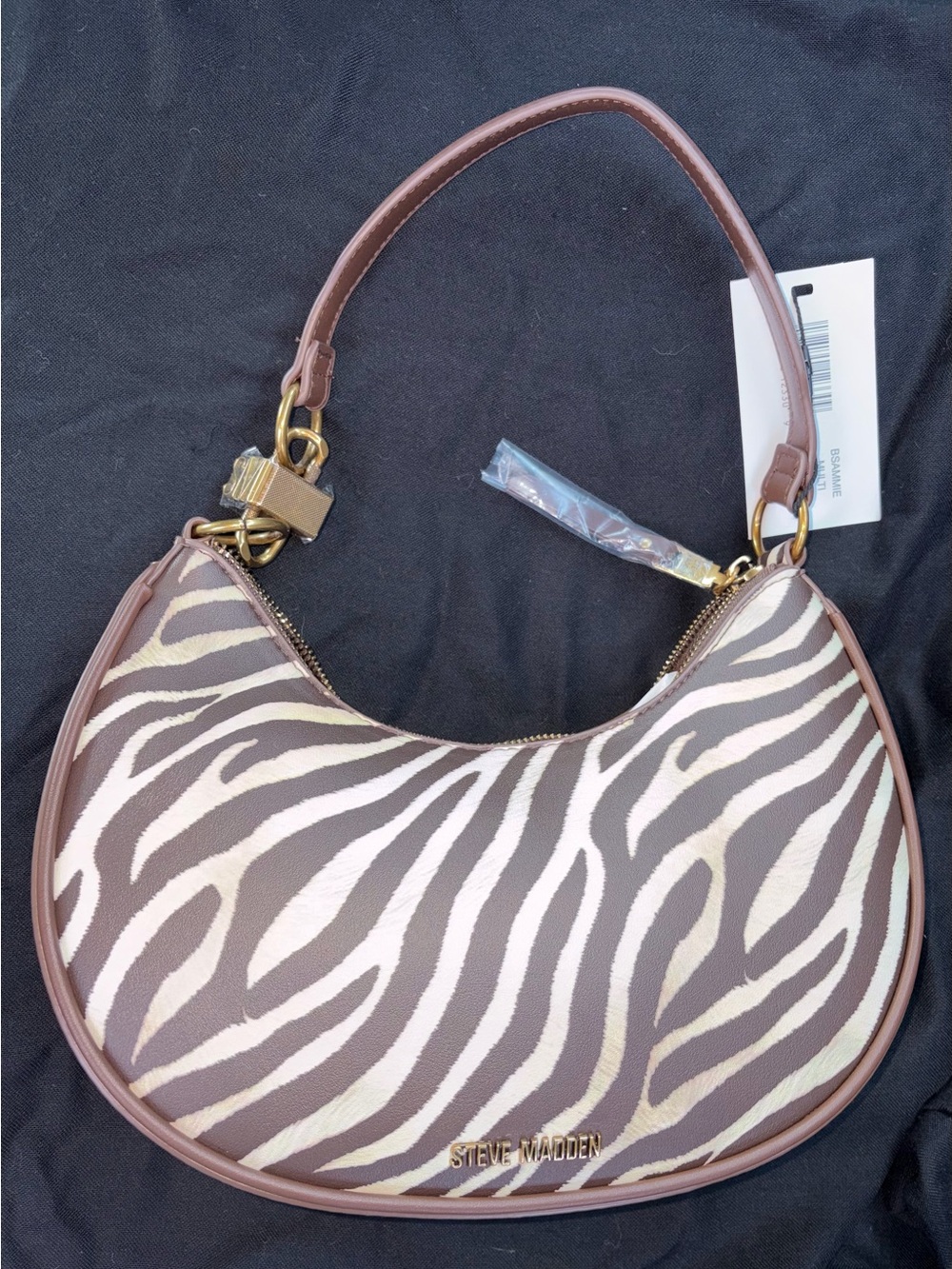 Steve Madden Brown and Cream Zebra-Print Crescent Shoulder Bag